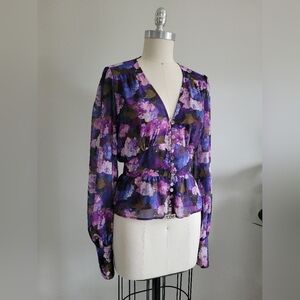 THE KOOPLES purple floral long sleeve blouse with peplum and matching buttons